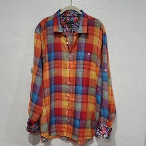 Bugatchi 100% Linen Multicolor Shirt With Contrast Cuffs Size XXL